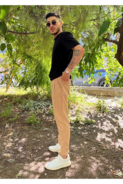 enmodaiçgiyim Men's - Comfortable Fit, Elastic Waist Pleated Cotton Linen Pants