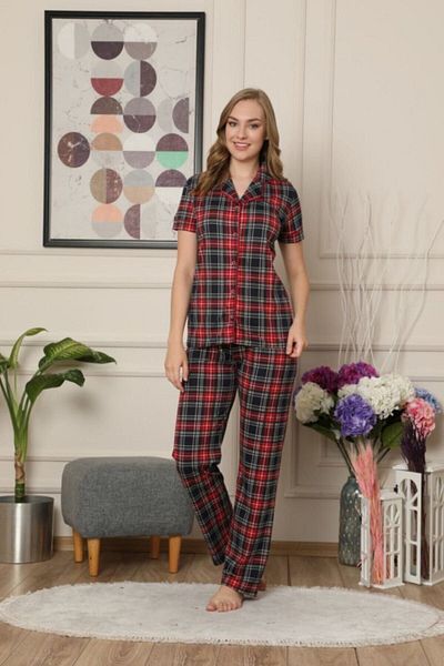 ALİMER Navy Blue Plaid Patterned Short Sleeve Women's Pajamas Set 2523ky