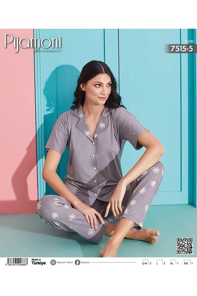 Pijamoni Set de pijamale de damă cu mânecă scurtă, guler de cămașă din material Milan