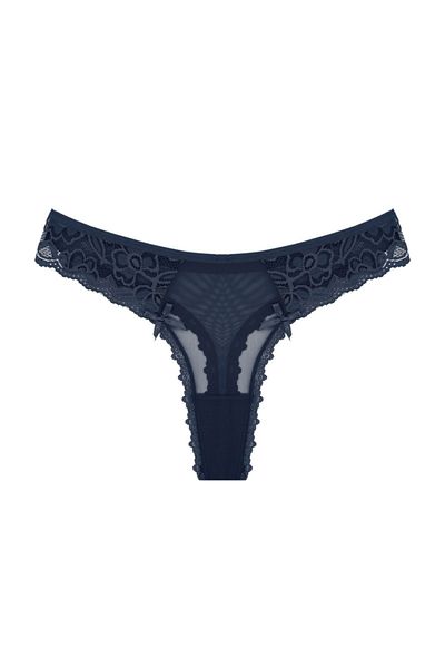 Zena Navy Blue Front and Back Tulle Lace Detailed Thong Women's Panties