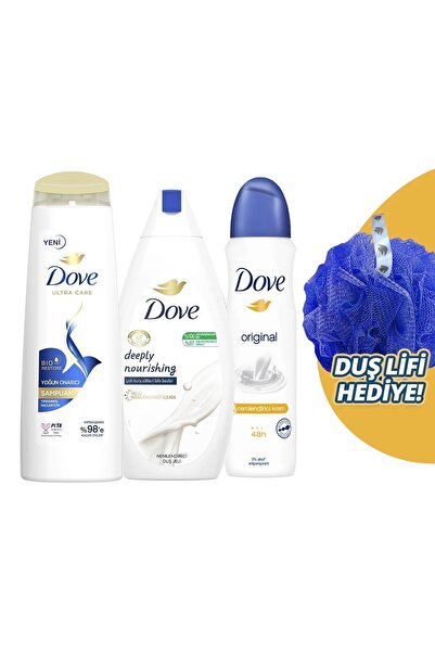 Dove Şampuan Yoğun Onarıcı 400 Ml + Nemlendirici Duş Jeli 500 Ml + Kadın Sprey Deodorant 150 Ml