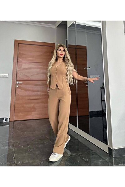 Arv Moda PANTALON VEST SET IMPORTED DABIL FABRIC Women's Buttoned Vest Palazzo Wide Leg Trousers Double Set
