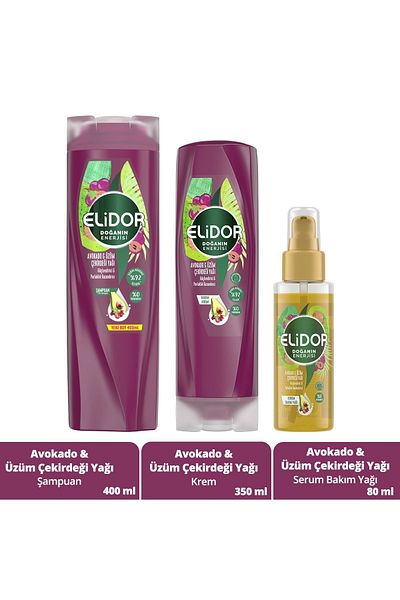 Elidor Avocado and Grape Seed Oil Shampoo 400 ml + Conditioner 350 ml + Serum Care Oil 80 ml