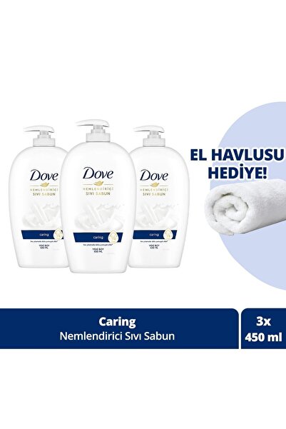 Dove Nemlendirici Sıvı Sabun Caring 1/4 Nemlendirici Krem Etkili 450 ml x3 Adet + El Havlusu Hediye