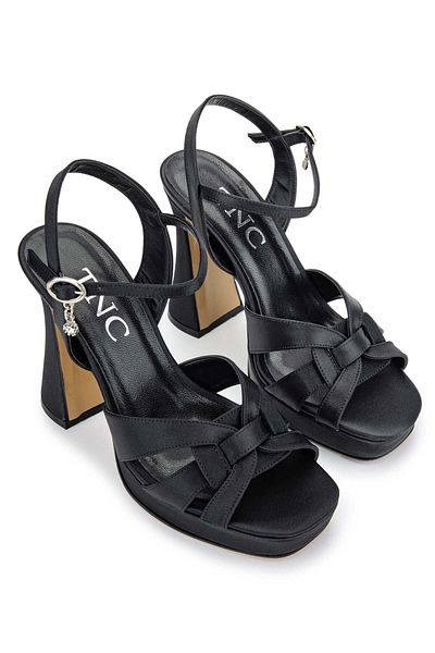 Tamer Tanca Black Satin Women's Heeled Sandals