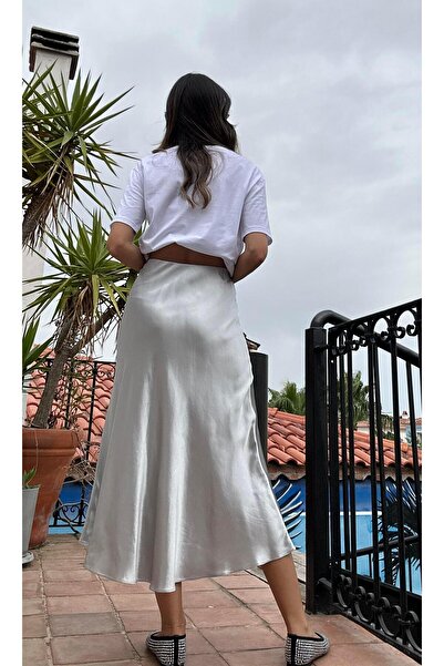 Atelier Derin Açık Gri Midi Saten Etek