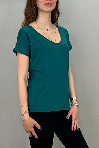 Tam Moda Γυναικείο μπλουζάκι Petrol Color - Λεπτομέρεια μπροστά και γιακά, μα...