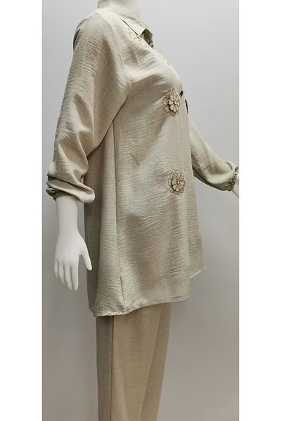 B.HE.Z Ayrobin Linen Tunic - Shirt Collar, Daisy Pattern, Long Sleeve Set