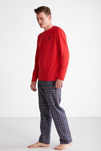U.S. Polo Assn. Top Solid Color Round Collar Long Sleeve, Bottom Pocket and Plaid Cotton Seasonal Men's Pajama Set
