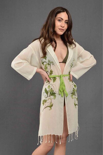 Dosimira Φόρεμα παραλίας κιμονό με πράσινο λουλούδι