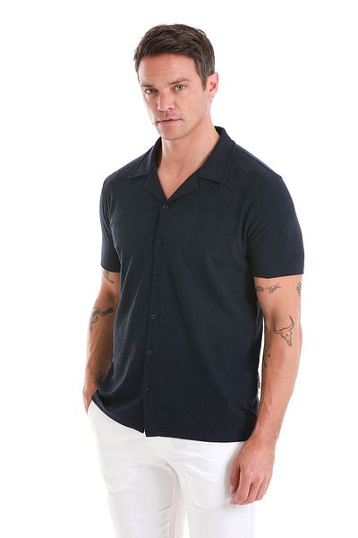 Hatemoğlu Βαμβακερό μπλουζάκι Jacquard Polo Neck Navy Blue - Κανονική εφαρμογή