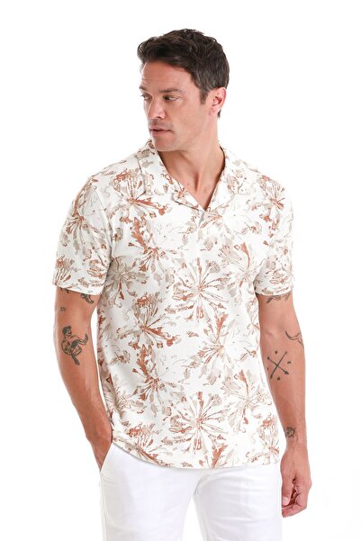 Hatemoğlu Ecru Polo Neck Printed Cotton T-Shirt - Regular Fit