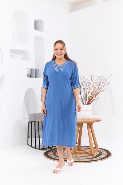 RMG Plus Size Indigo Casual Dress - Collar and Sleeve Embroidery Detail