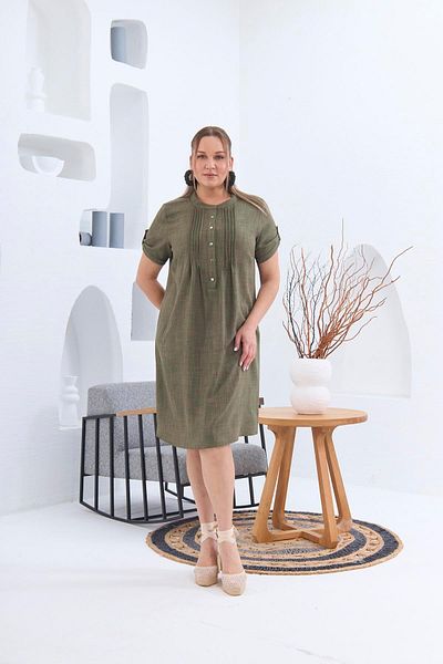 RMG Plus Size Collar Pleated Khaki Dress