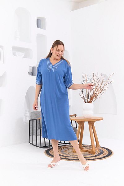 RMG Plus Size Indigo Casual Dress - Collar and Sleeve Embroidery Detail