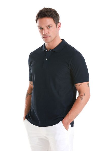 Hatemoğlu Βαμβακερό μπλουζάκι Mercerized Polo Neck Navy Blue - Regular Fit