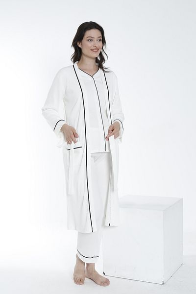 Miss Dünya Lissa Set pijama lungă albă pentru gravidă și maternitate - halate cu nasturi în față și halate de toaletă