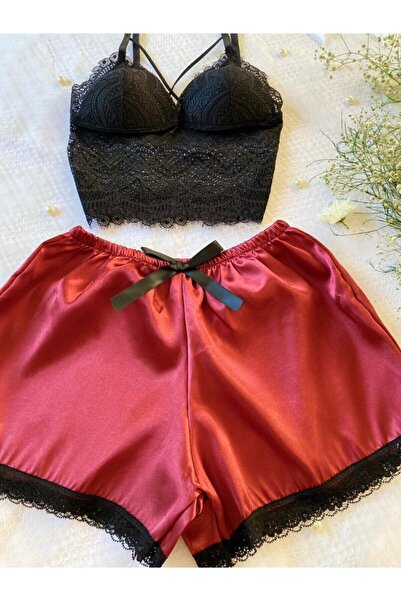 lenastella Bordo Saten Şortlu Bralet Takım