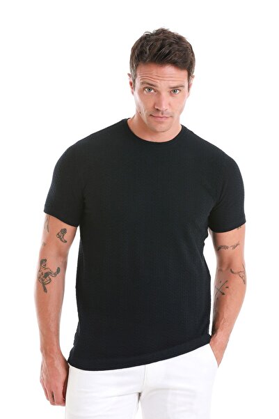 Hatemoğlu Tricou jacquard bleumarin cu croială normală cu decolteu rotund