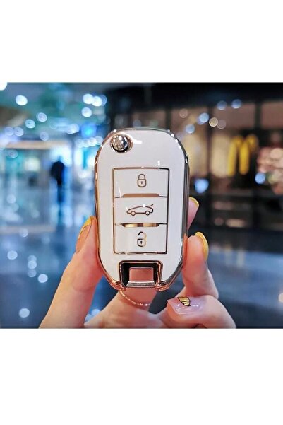 GMA KEYS Lüx Citroen C3 C4 C5 Jumpy Sustalı Nano Anahtar Koruma Kılıfı Beyaz Gold Altın Renk