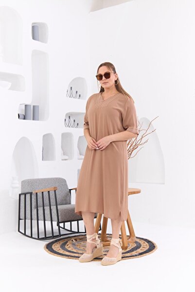 RMG Yaka ve Kol Nakış Detaylı Büyük Beden Vizon Günlük Elbise