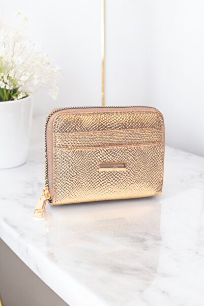 Genel Markalar Kadın Mini Lame Fermuarlı Önden Kartlıklı Gold Cüzdan Kartlık Aksesuar