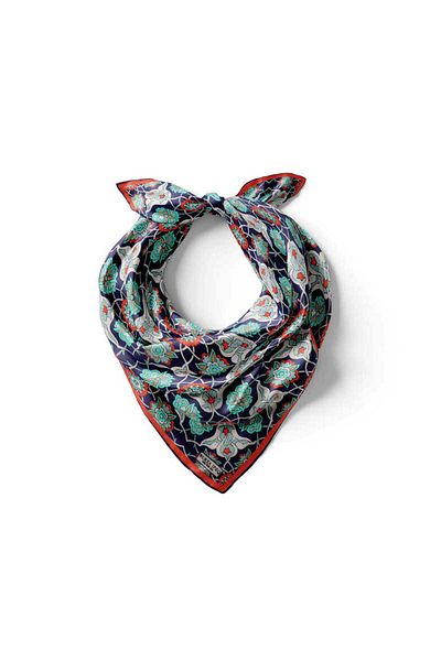Bursa İpek Navy Blue and Red Tile Spiral Silk Handkerchief Patterned