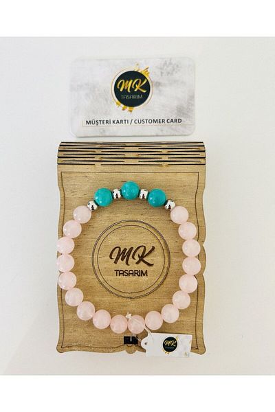 MK tasarım REAL PINK QUARTZ AND TURQUOISE STONE BRACELET| IN SPECIAL BOX| CUSTOMER WITH CARD MK.003.010