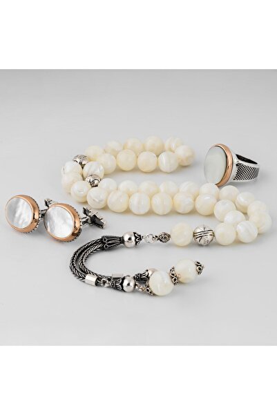 RevSilver Gümüş Set 925 Ayar Beyaz Sedef Taşlı Yüzük, Tesbih Ve Kol Düğmesi L...