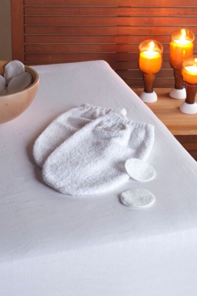 Stella Belli Білий набір з 2 предметів - бавовняна масажна рукавичка, рукавичка для очищення обличчя та тіла, рукавичка з гумкою та рушник-мішечок