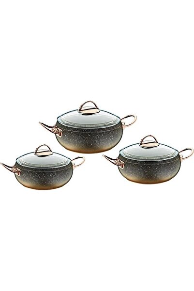 OMS 3-Piece Granite Casserole Set - Copper Mini Pot Set with Glass Lid