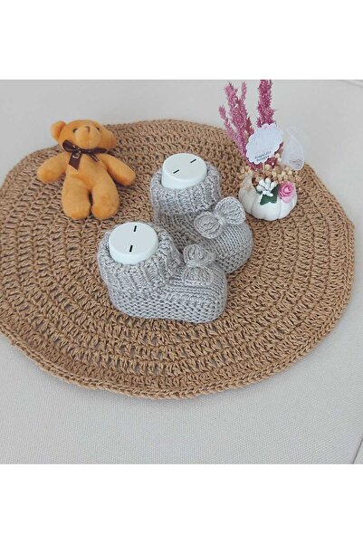 BEGİN 0-6 Months Gray Newborn Gift Baby Hand Knitted Acrylic Wool Slippers - Bow Detailed Birth Memory