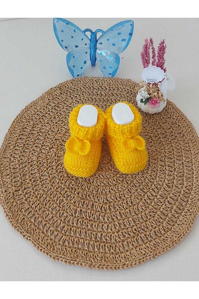 BEGİN 0-6 Months Yellow Newborn Gift Baby Dress - Acrylic Wool, Slippers Booties, Bow Detailed Birthday Anni