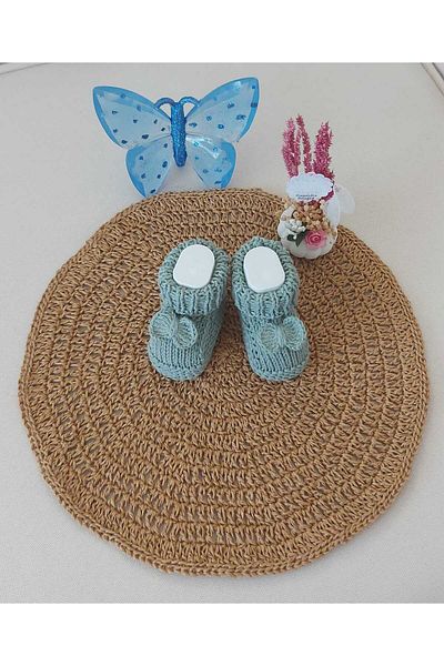 BEGİN Green Baby Hand Knitted Slippers - Bow Detailed, Gift for 0-6 Months Birthday