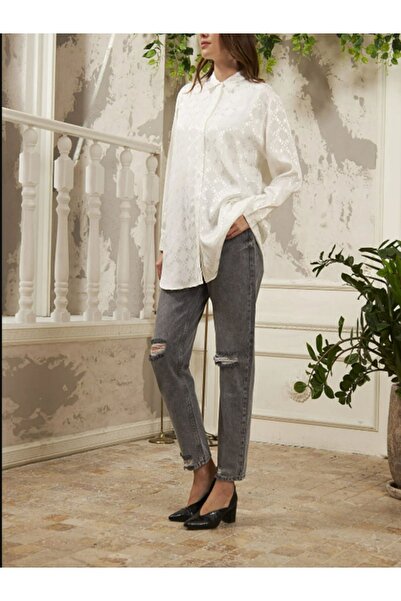 LİLA EXCLUSİVE MARKA KADIN GEOMETRİK DESENLİ OVERSIZE KESİM JAKARLI EKRU GÖMLEK