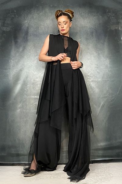 Quincey Asymmetric Cut Tulle Skirt Scuba Vest Tunic