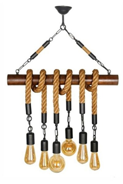 Genel Markalar Avize Retro Halatlı Rustik Siyah Asya 6'lı Bambu Sarkıt Avize