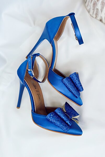 Nil Shoes Pantofi cu toc Haydie cu fundă din satin albastru Saks Blue Stone