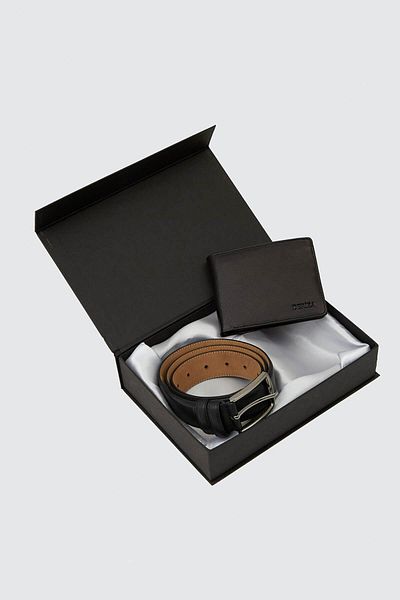 Deriza Genuine Leather Horizontal Wallet Belt Set Black with Coin
