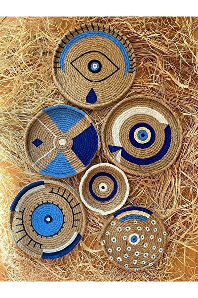 Bohodella Bohem Hasır Duvar Tabağı 6’lı Nazar Boncuğu Afrikan Duvar Sepeti