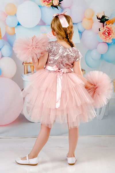 Mixie Girls' Powder Buckle Pompom Sleeves Evening Dress Party Birthday Dress
