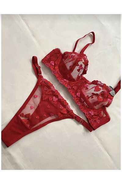 THERAPY LİFE Set sutien și lenjerie intima cu dantelă roșie și sârmă