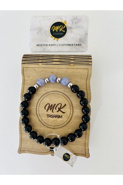 MK tasarım REAL BLACK AGATE - PURPLE QUARTZ STONE BRACELET| IN SPECIAL BOX