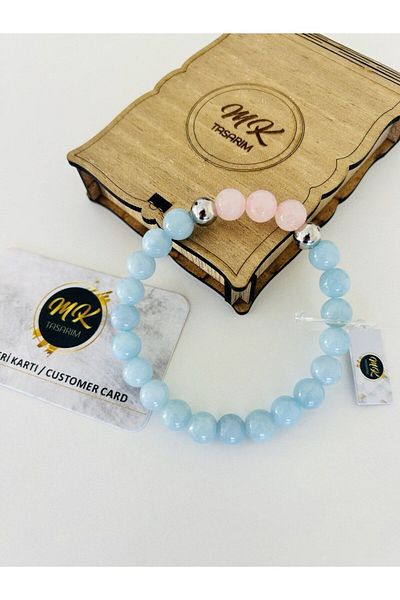 MK tasarım Real Blue-pink Quartz Stone Bracelet| Mktasarim in Special Box| Mktasarım Customer Card