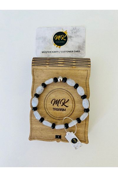 MK tasarım Real Blue Agate - Black Agate Bracelet| Mktasarim in Special Box| Mktasarım Custom Customer Card