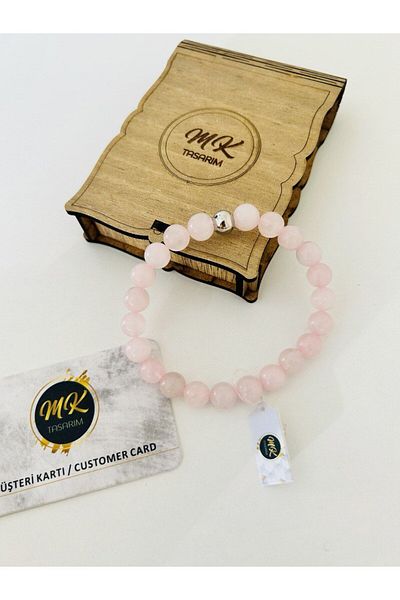 MK tasarım Real Pink Quartz Stone Bracelet| Mktasarim in Special Box| Mktasarım Custom Customer Card