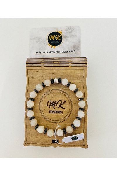 MK tasarım Real Moonstone - Hematite Stone Bracelet| Mktasarim in Special Box| Mktasarım Custom Customer Card