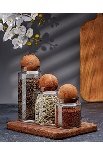 Demirhan Home 3'lü Ahşap Top Kapaklı Cam Kavanoz Seti Şekerlik Çerezlik Baharatlık Ve Saklama Kabı
