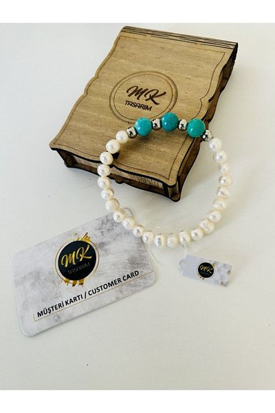 MK tasarım Real Pearl Real Turquoise Bracelet| Mktasarim in Special Box| Mktasarım Custom Customer Card