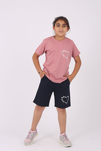 Çiggo Kids Heart Patterned Girl's Set - Crew Neck, 100% Cotton, Top and Bottom Set